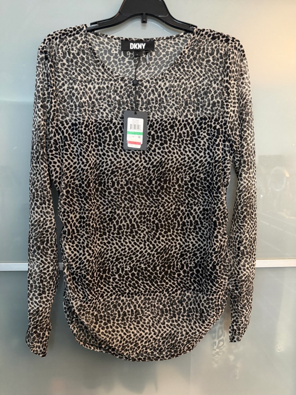 DKNY Black & Beige Leopard-Print Long Sleeve Sheer Top w/black under cami  Lg